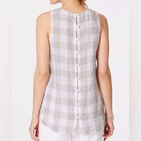 J. Jill Love Linen Gingham Plaid Button Back Sleeveless Top Gray White - Picture 4 of 9